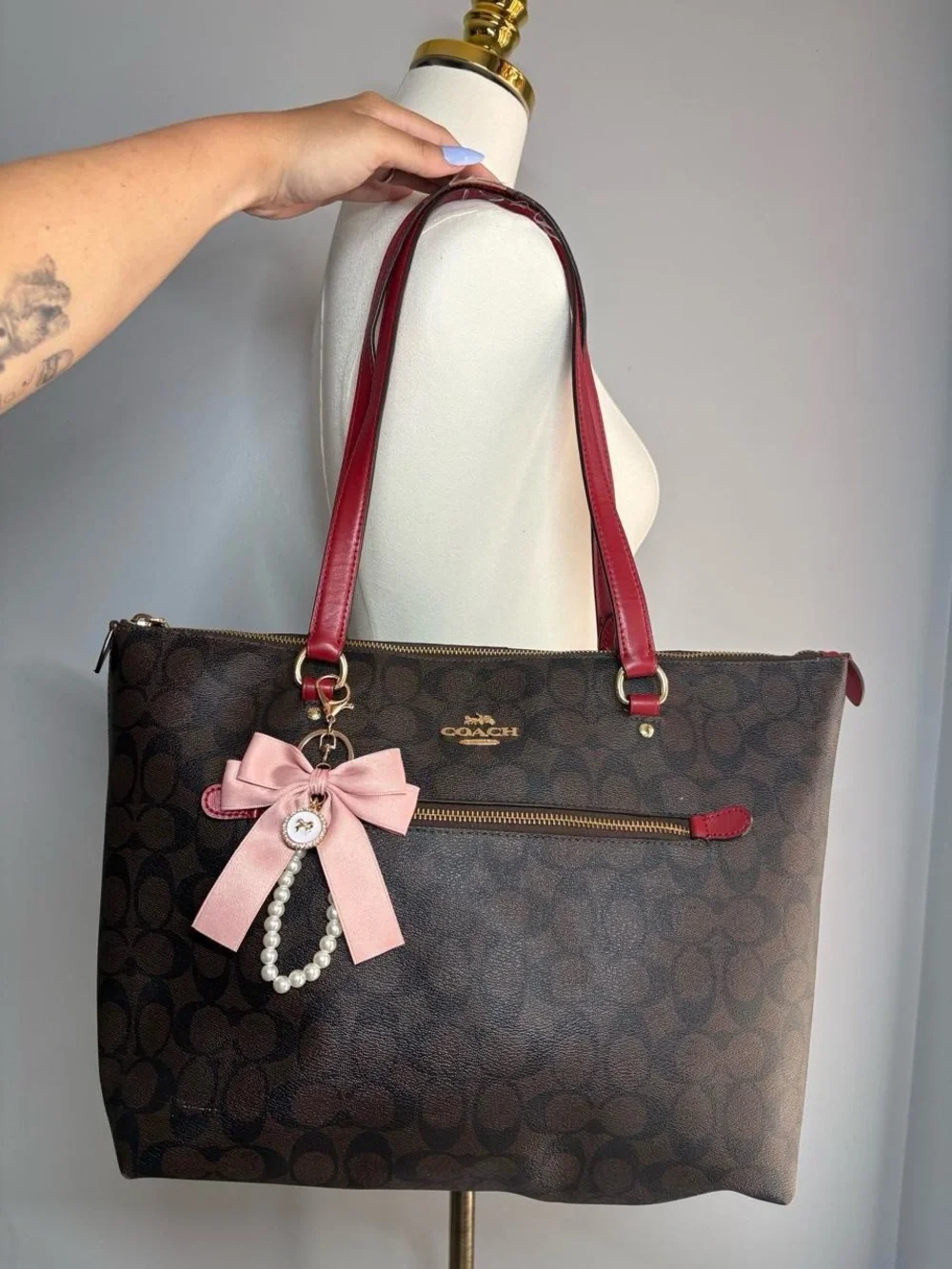 Coach Brown Signature Tote and Matching Wallet with Red Handles